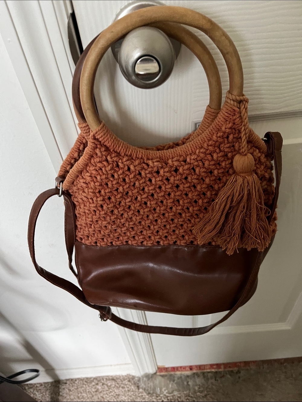 Woven Crochet Top Brown Faux Leather Tote with Wood Handles